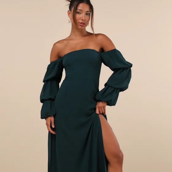 Lulus Demure Aura Emerald Tiered Balloon Sleeve Off-the-shoulder Dress Green - Picture 4 of 4